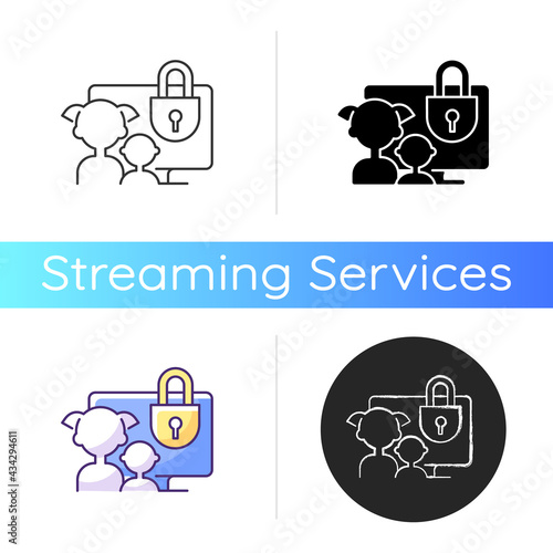 Parental control icon. Purchase restrictions for children. Kids profiles. Prevention from watching age-inappropriate content. Linear black and RGB color styles. Isolated vector illustrations