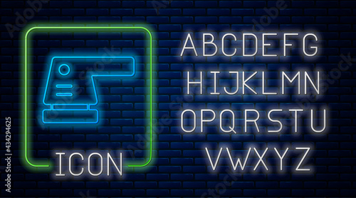 Glowing neon Electric sander icon isolated on brick wall background. Orbital sander. For floor and wooden planks sanding sandpaper. Neon light alphabet. Vector