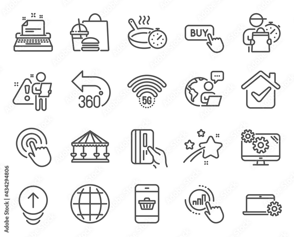 Technology icons set. Included icon as Buy button, Swipe up, Settings signs. Click, Carousels, Notebook service symbols. 360 degrees, 5g wifi, Frying pan. Smartphone buying, Globe. Vector Technology icons set. Included icon as Buy button, Swipe up, Settings signs. Click, Carousels, Notebook service symbols. 360 degrees, 5g wifi, Frying pan. Smartphone buying, Globe. Vector