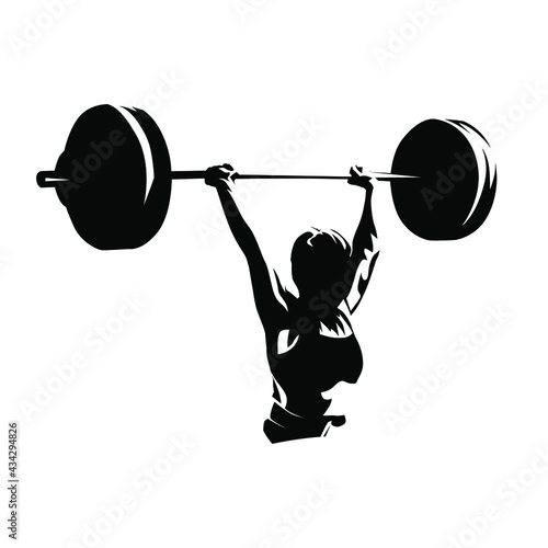 Weightlifting, woman lifting big barbell, isolated vector silhouette, ink drawing