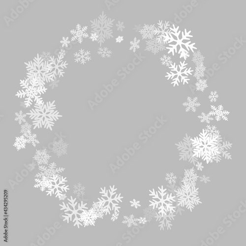 Winter snowflakes border minimal vector background.  Macro snowflakes flying border design, holiday card with many flakes confetti scatter frame, snow elements. Seasonal winter symbols.