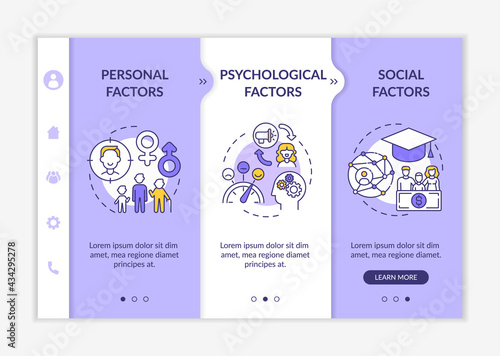 Purchase selection factors onboarding vector template. Responsive mobile website with icons. Web page walkthrough 3 step screens. Personal, psychological aspect color concept with linear illustrations