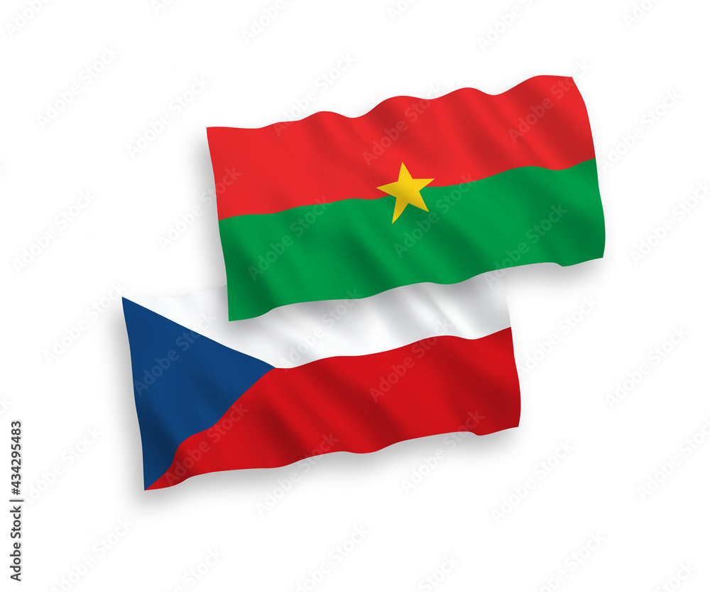 National vector fabric wave flags of Czech Republic and Burkina Faso isolated on white background. 1 to 2 proportion.