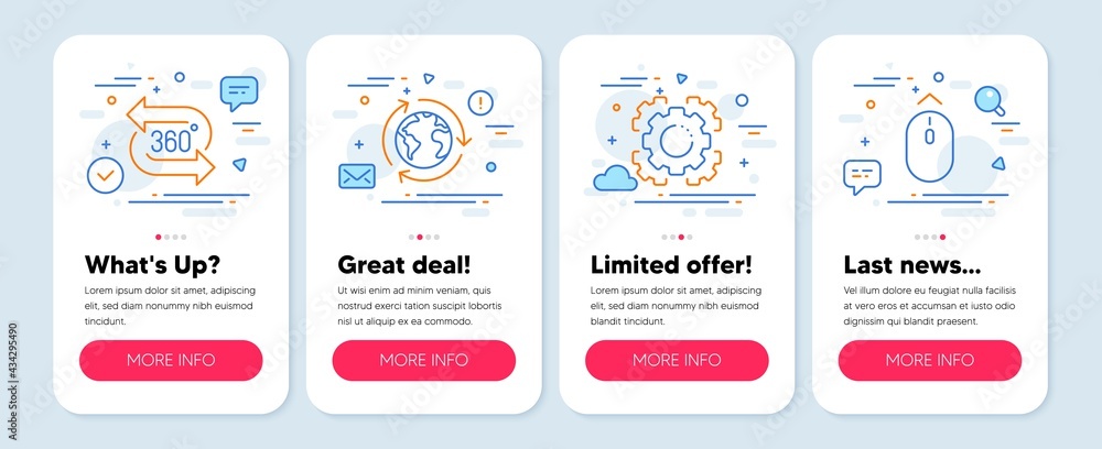 Set of Technology icons, such as 360 degree, Seo gear, Outsourcing symbols. Mobile screen app banners. Swipe up line icons. Virtual reality, Cogwheel, Around the world. Scrolling page. Vector