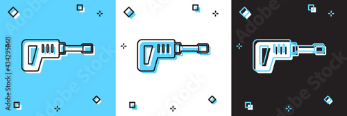 Set Electric rotary hammer drill machine icon isolated on blue and white, black background. Working tool for construction, finishing, repair work. Vector