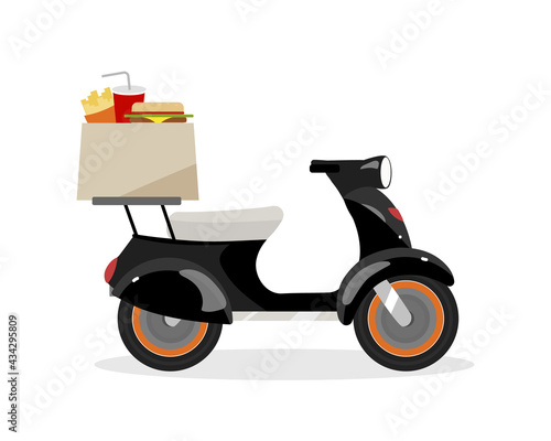 Delivering fast food on scooter flat color vector object. Ordering takeout from restaurant to home. Motorcycle delivery isolated cartoon illustration for web graphic design and animation