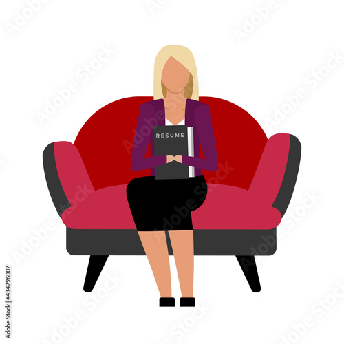 Girl with resume in armchair flat color vector faceless character. College graduate searching for job. Employment after university isolated cartoon illustration for web graphic design and animation