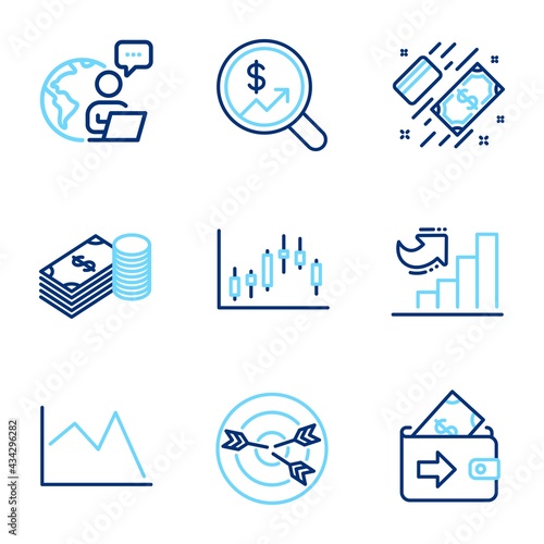 Finance icons set. Included icon as Line chart, Payment, Candlestick graph signs. Targeting, Growth chart, Savings symbols. Currency audit, Wallet line icons. Financial graph, Money. Vector