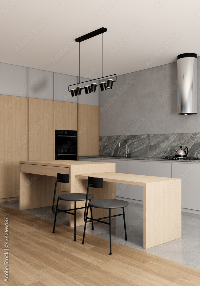 Japandi style Modern Scandinavian kitchen interior design. Apartment ideas  3d render background Stock Illustration | Adobe Stock