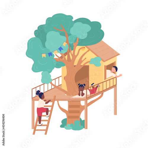 Hanging out with friends in tree fort flat color vector illustration. Addition to garden, house. Summer activity for 2D cartoon faceless characters with backyard treehouse on background