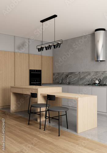 Japandi style Modern Scandinavian kitchen interior design. Apartment ideas 3d render background