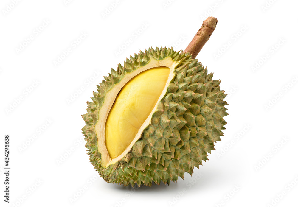 Ripe Durian cut open isolated on white background. Clipping path. Ripe Durian cut open isolated on white background. Clipping path.