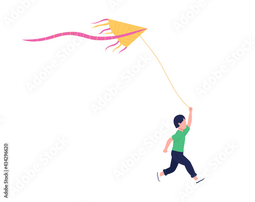 Little boy with flying kite flat color vector faceless character. Stress-reducing hobby. Making kite fly higher. Fun outdoor activity isolated cartoon illustration for web graphic design and animation