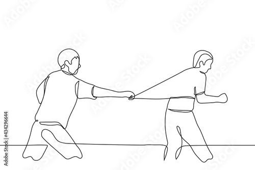 man grab the man in front of him by the jacket - one line drawing. the concept of competition, chase, stalking, wrestling sports, sport behavior disorders