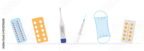 Set of assorted medical objects, set of oval and round tablets and capsules of different colors, thermometer,  mask, healthcare concept, flat vector illustration 