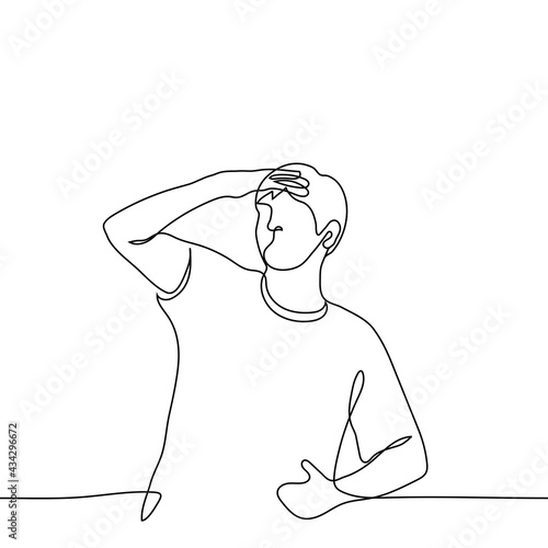 man put his hand to his face like a visor to see something in the distance - one line drawing vector. observation concept, poor vision, impatient waiting, tracking, near future metaphor