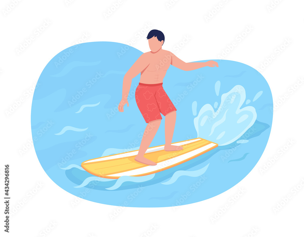 Surfing 2D vector web banner, poster. Surfer flat character on cartoon background. Beach vacation. Extreme water sport. Summer leisure activity printable patch, colorful web element
