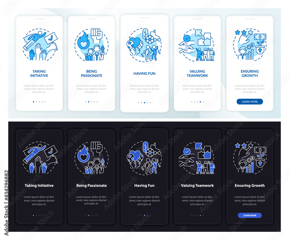 Main business morals onboarding mobile app page screen with concepts. Having fun walkthrough 5 steps graphic instructions. UI, UX, GUI vector template with linear night and day mode illustrations