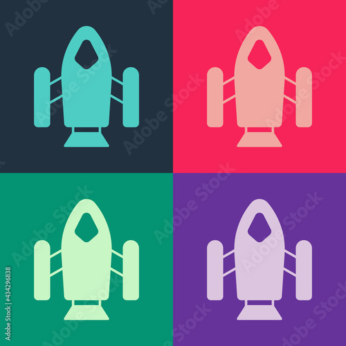 Pop art Rocket ship icon isolated on color background. Space travel. Vector