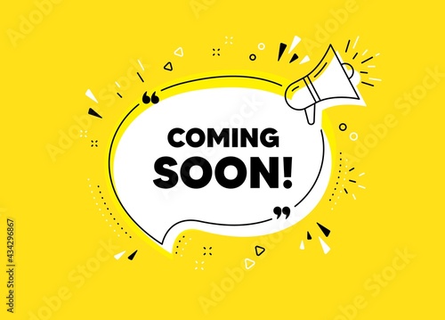 Coming soon. Megaphone yellow vector banner. Promotion banner sign. New product release symbol. Thought speech bubble with quotes. Coming soon chat think megaphone message. Vector