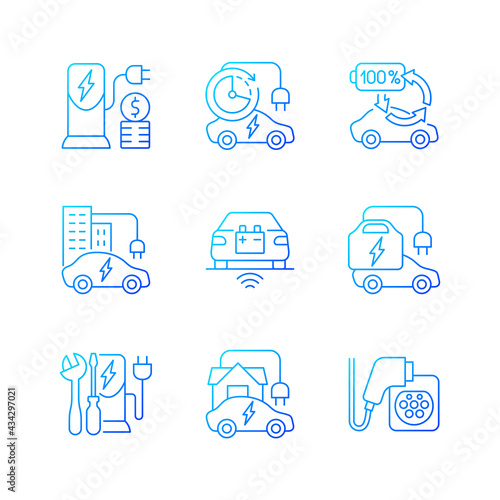 Electric vehicle charging gradient linear vector icons set. Places where you can fill up battery of electromobile. Thin line contour symbols bundle. Isolated vector outline illustrations collection