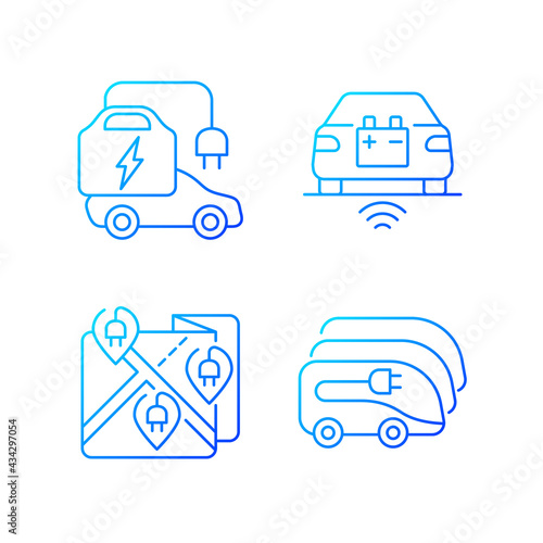 Electric vehicle charging gradient linear vector icons set. Charging time of electromobiles. Thin line contour symbols bundle. Isolated vector outline illustrations collection