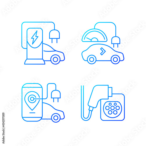 Electric vehicle charging gradient linear vector icons set. Charging adapter and converter to fit electromobile. Thin line contour symbols bundle. Isolated vector outline illustrations collection