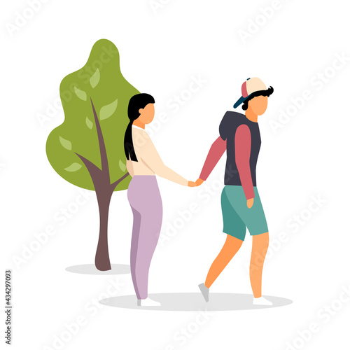 Couple holding hands at park flat color vector faceless characters. Relaxing romantic stroll with boyfriend, girlfriend isolated cartoon illustration for web graphic design and animation