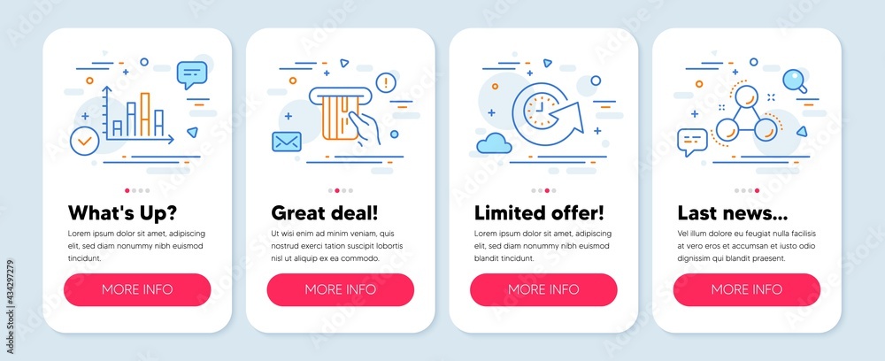 Set of Technology icons, such as Credit card, Diagram graph, Update time symbols. Mobile app mockup banners. Chemistry molecule line icons. Atm payment, Presentation chart, Refresh watch. Vector Set of Technology icons, such as Credit card, Diagram graph, Update time symbols. Mobile app mockup banners. Chemistry molecule line icons. Atm payment, Presentation chart, Refresh watch. Vector
