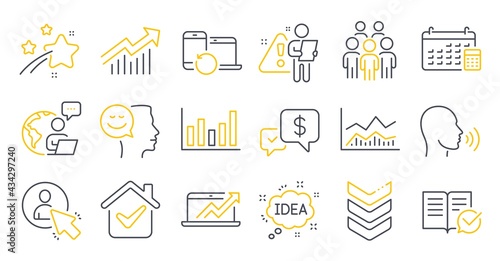 Set of Education icons, such as Payment received, Approved documentation, Idea symbols. Recovery devices, Shoulder strap, Trade infochart signs. Good mood, Demand curve, Column chart. User. Vector