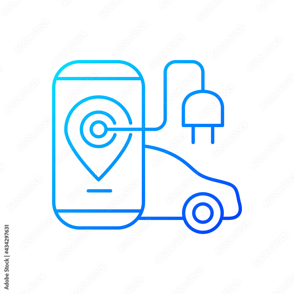 EV charging app gradient linear vector icon. Digital application to find charging stations for electromobile. Thin line color symbols. Modern style pictogram. Vector isolated outline drawing EV charging app gradient linear vector icon. Digital application to find charging stations for electromobile. Thin line color symbols. Modern style pictogram. Vector isolated outline drawing