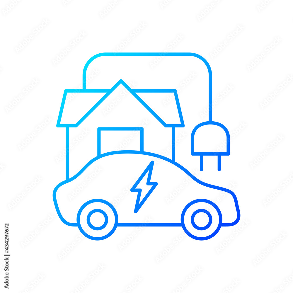 Home EV charging point gradient linear vector icon. Fueling up electronic vehicle at home. Natural fuel. Thin line color symbols. Modern style pictogram. Vector isolated outline drawing Home EV charging point gradient linear vector icon. Fueling up electronic vehicle at home. Natural fuel. Thin line color symbols. Modern style pictogram. Vector isolated outline drawing