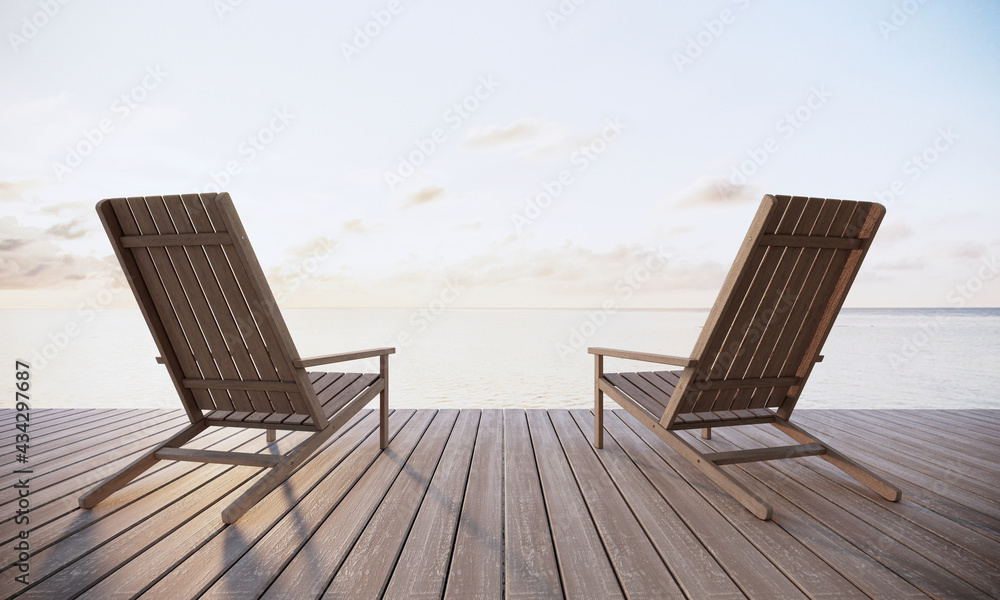 outdoor terrace sea view with beautiful morning sunrise scenery and wooden chair 3D render background