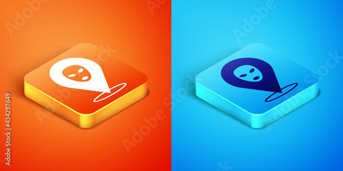 Isometric Alien icon isolated on orange and blue background. Extraterrestrial alien face or head symbol. Vector