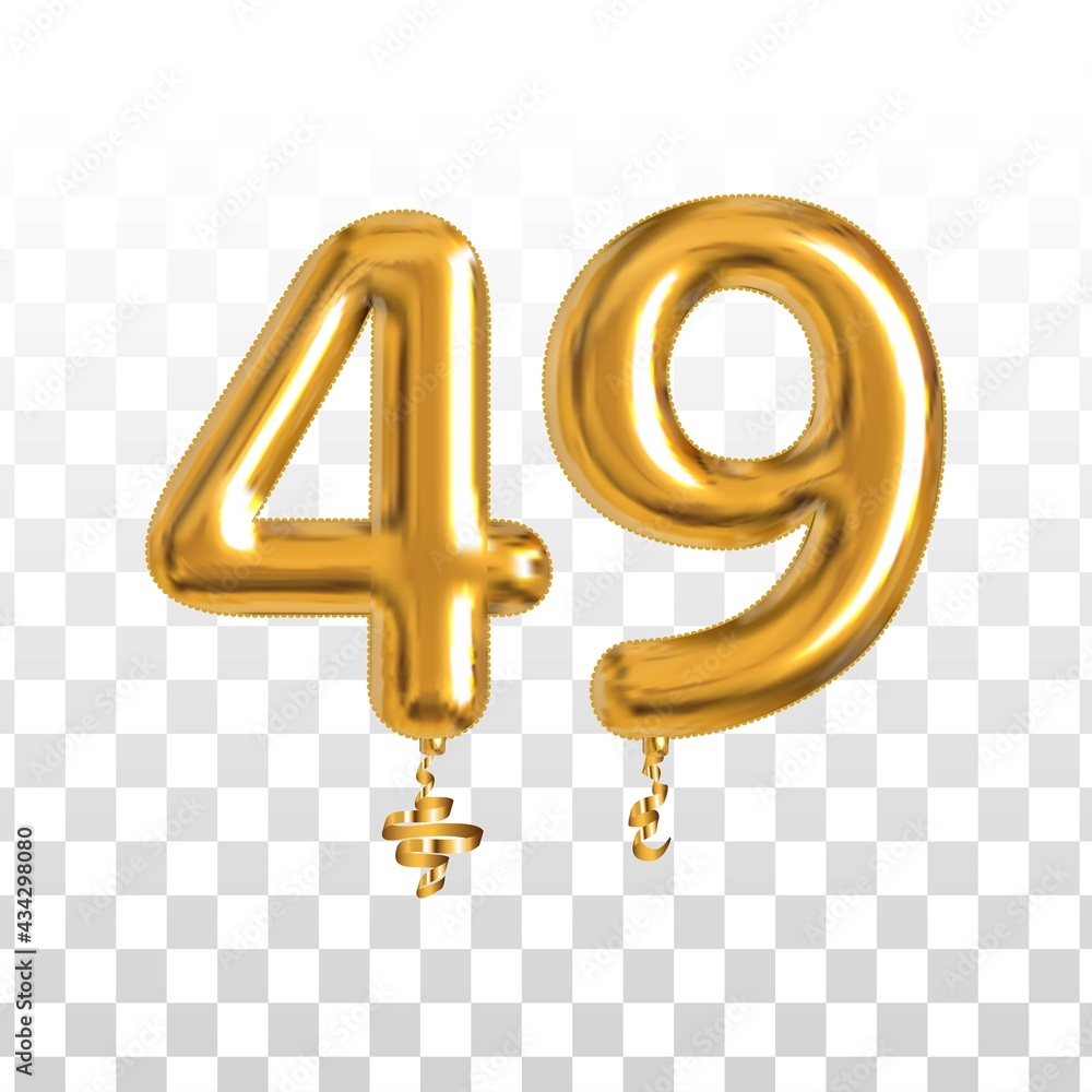 Vector realistic isolated golden balloon number of 49 for invitation decoration on the transparent background. Vector realistic isolated golden balloon number of 49 for invitation decoration on the transparent background.
