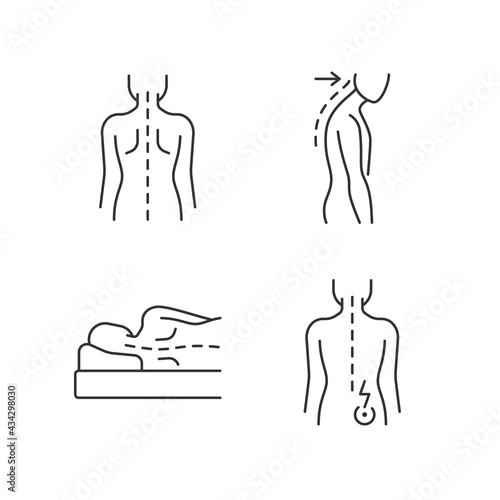 Poor posture problems linear icons set. Normal spine. Slouching. Side-lying sleeping position. Customizable thin line contour symbols. Isolated vector outline illustrations. Editable stroke