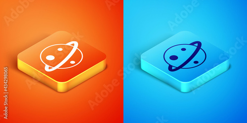 Isometric Planet Saturn with planetary ring system icon isolated on orange and blue background. Vector