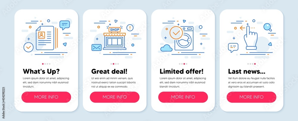 Set of Business icons, such as Cv documents, Shop, Washing machine symbols. Mobile screen mockup banners. Touchscreen gesture line icons. Portfolio files, Store, Laundry. Slide left. Vector Set of Business icons, such as Cv documents, Shop, Washing machine symbols. Mobile screen mockup banners. Touchscreen gesture line icons. Portfolio files, Store, Laundry. Slide left. Vector