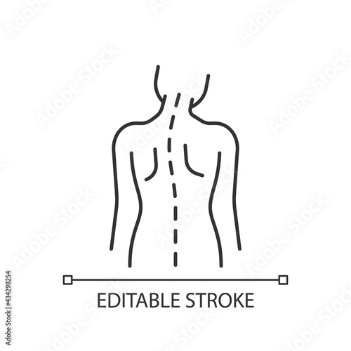 Spinal abnormalities linear icon. Head tilt. Thoracic scoliosis. Muscle weakness. Radicular pain. Thin line customizable illustration. Contour symbol. Vector isolated outline drawing. Editable stroke