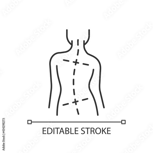 Uneven hips and shoulders linear icon. Abnormal curve in spine. Worsening scoliosis. Bad posture. Thin line customizable illustration. Contour symbol. Vector isolated outline drawing. Editable stroke