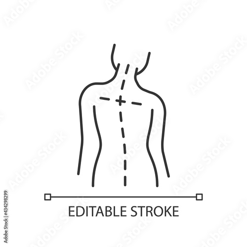 Uneven shoulders linear icon. Postural change. Difficulty walking. Asymmetrical alignment. Thin line customizable illustration. Contour symbol. Vector isolated outline drawing. Editable stroke