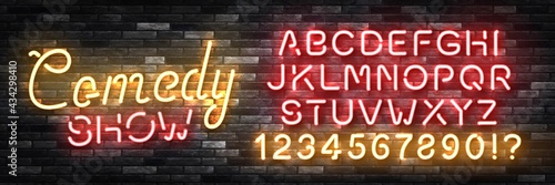 Vector realistic isolated neon sign of Comedy Show logo with easy to change color alphabet font for template decoration on the wall background. Concept of stand up performance and humor.