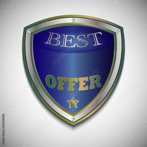 Vector Best Offer badge shield. Realistic silver- cooper and blue label - badge, best offer with the star. Realistic icon isolated on grey gradient background. Vector illustration EPS10