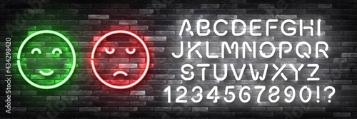 Vector realistic isolated neon sign of Rating faces logo with easy to change color alphabet font for invitation decoration and template covering on the wall background. Concept of feedback and review.