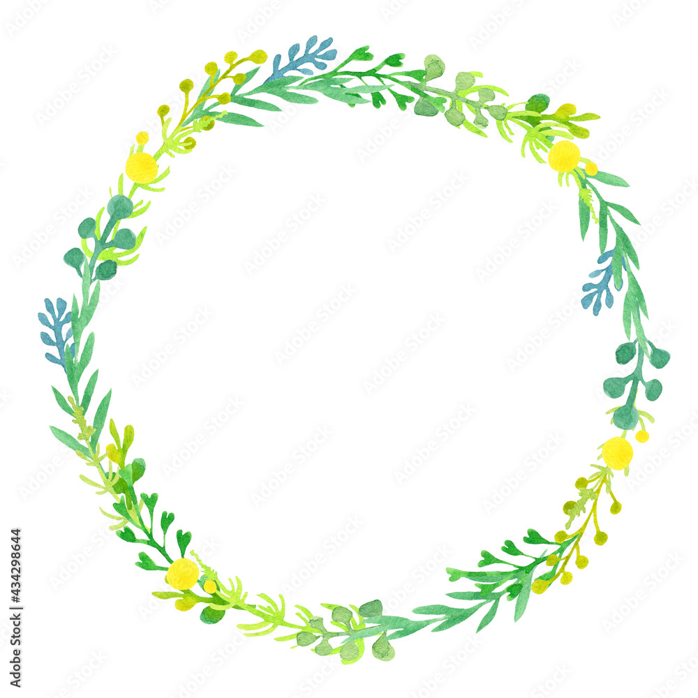 round wreath of watercolor stylized herbs, leaves and branches on a white background.
decorative illustrations for invitations, cards and decor.