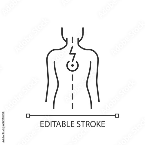 Pressure on spinal nerves linear icon. Muscle spasms. Pain between shoulder blades. Numbness. Thin line customizable illustration. Contour symbol. Vector isolated outline drawing. Editable stroke