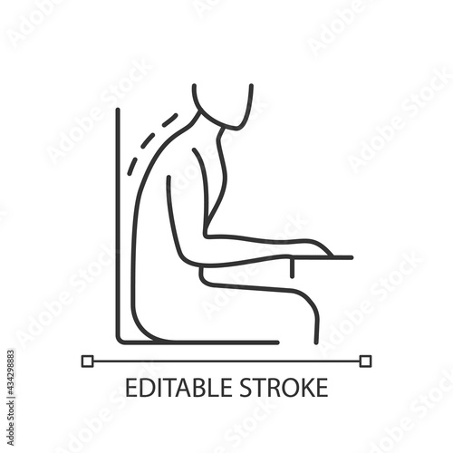 Being bent over desk linear icon. Pushing neck and head forward. Suffering from backache. Thin line customizable illustration. Contour symbol. Vector isolated outline drawing. Editable stroke