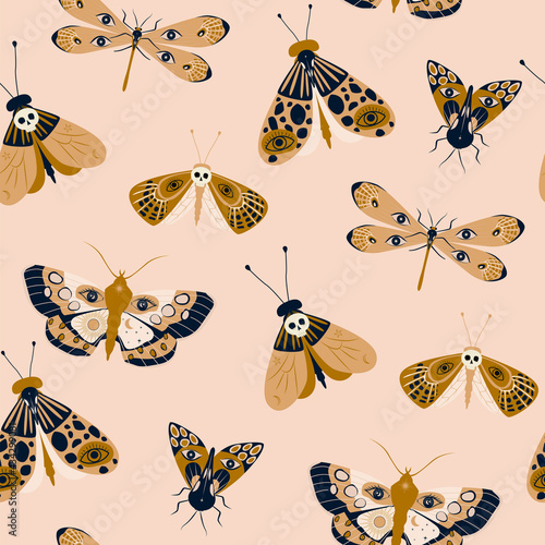 Seamless pattern with mystical insects, bug, moth, butterfly. Editable vector illustration