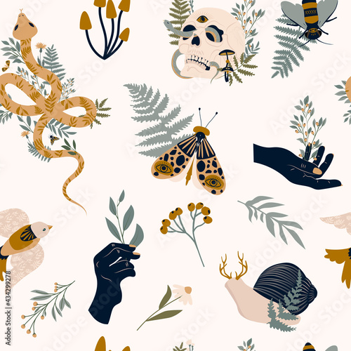 Mystical seamless pattern with skull  snake  insect  people hand  plants  herbs  snail and bird. editable vector illustration.