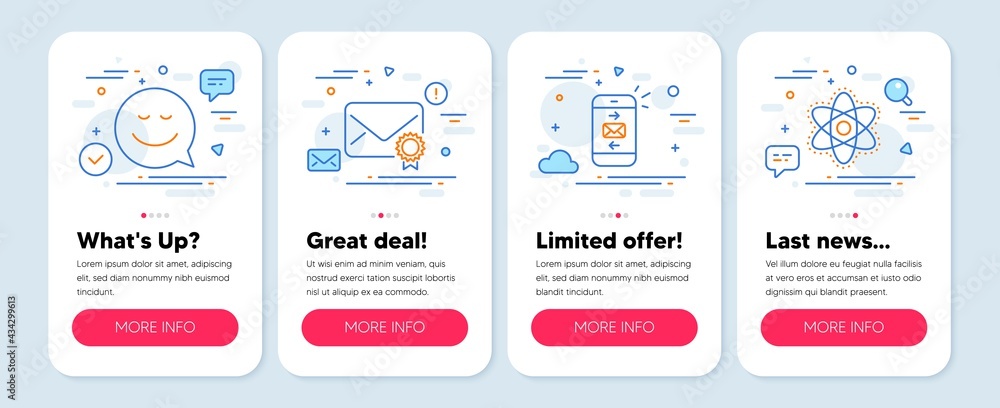 Set of Technology icons, such as Mail, Smile, Verified mail symbols. Mobile screen app banners. Chemistry atom line icons. Smartphone communication, Chat emotion, Confirmed e-mail. Vector